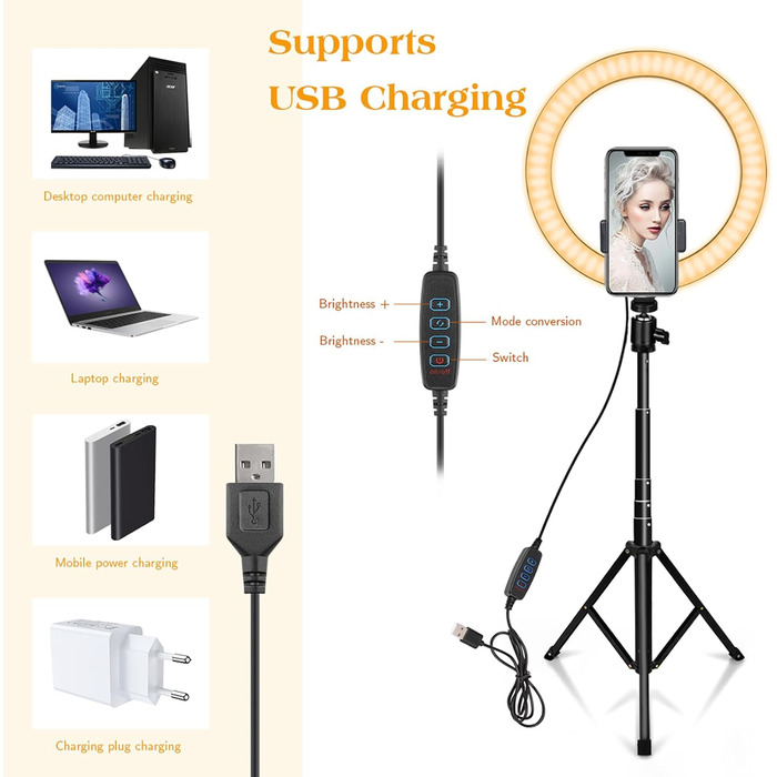 Ring Light AIXPI 10 з регулюванням яскравості, штативом та тримачем для телефону – для YouTube, фото та відео
