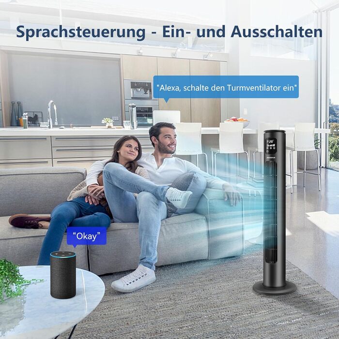 Вентилятор вежний Smart Aigostar 97 см з Wi-Fi, пультом, таймером 24 год, LED-дисплеєм та керуванням Alexa – 2 шт.