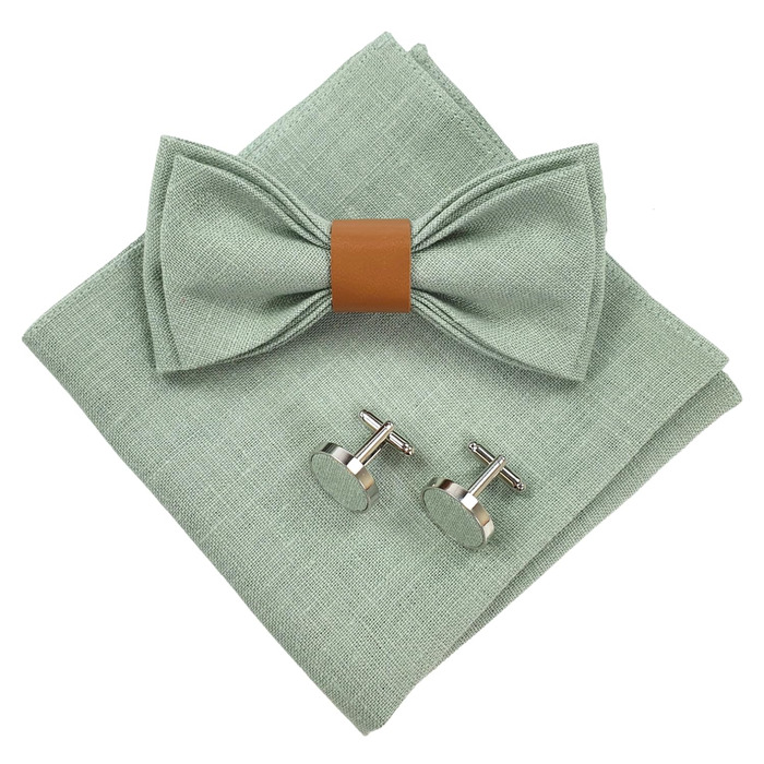 Набір чоловічих аксесуарів Leinen: краватка-метелик зі шкіри, підтяжки зі шкіри, нагрудна хустка, запонки - світло-зелений