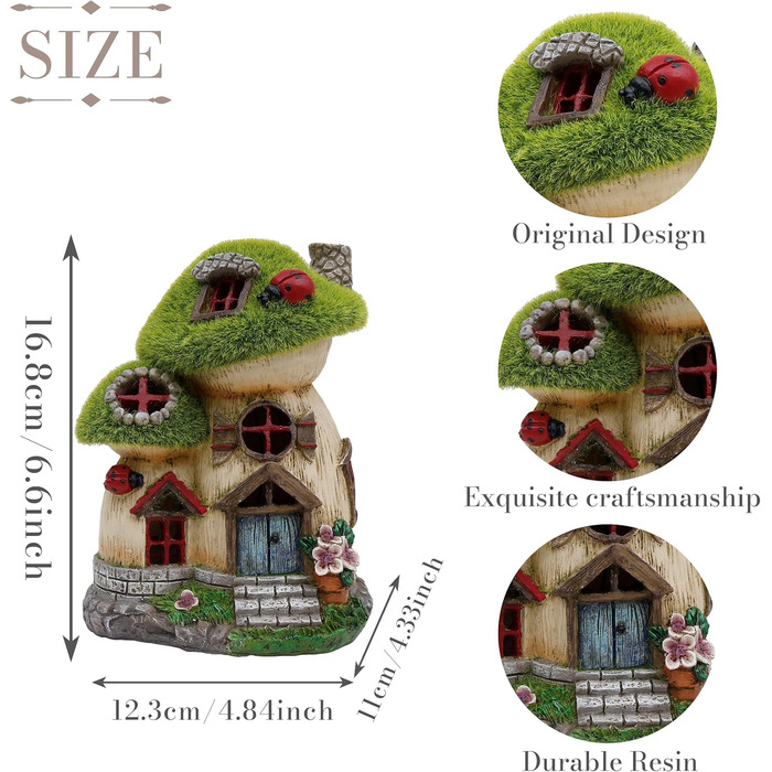 TERESA'S COLLECTIONS Outdoor Garden Decor, Garden Decoration, Fairy House Garden Decor, fairy garden, Mushroom, made of resin, with solar lamp, Green, Balcony, Autumn decor, Autumn Decoration, 16cm