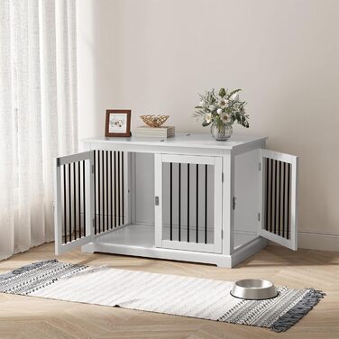 Клітка для собак для дому, меблі для собак з подушкою, вольєр для собак в приміщенні, собачий будиночок, клітки для собак великих порід, клітка для собак у стилі меблів з відкидним верхом, білий (L) (Новий середній розмір, білий)