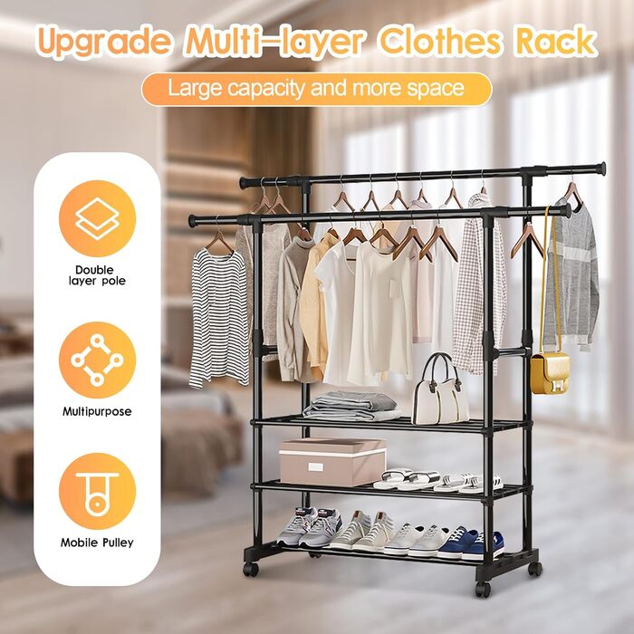 MONKLE - Clothes Rack, Garment Rack, Rolling Garment Rack, Stable Clothes Rack with 3 Storage Shelves, Extendable Double Clothes Rail