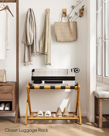 Fully assembled bamboo luggage rack with 5 straps, 2-tier foldable suitcase stand, wide wooden luggage rack, foldable luggage shelves, ideal for guest rooms, bedrooms, hotels
