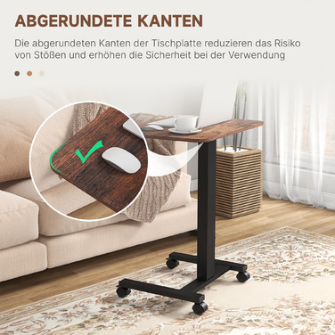 Vinsetto Adjustable Height Laptop Table with 4 Wheels, 2 Brakes, 65 cm x 48 cm x 108 cm, with Hand Crank, Brake, Particleboard, Rustic Brown | Aosom