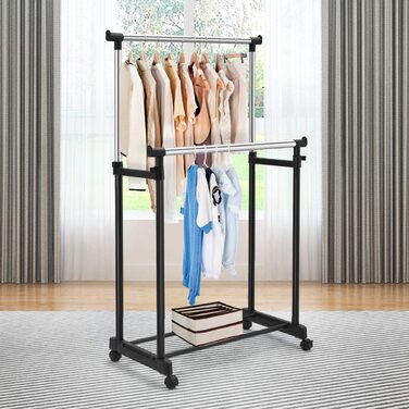 COSTWAY Clothes Rack with 2 Height-Adjustable Clothes Rods, Coat Rack on Wheels, Rolling Wardrobe, Clothes Cart, Stable Clothes Rack, 86 x 43 x 94-168cm, Black