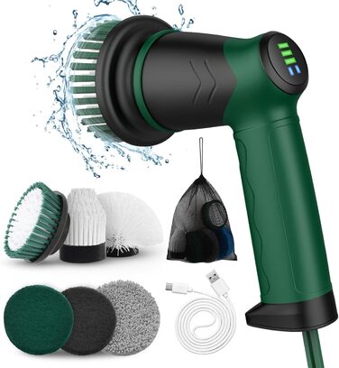 Electric cleaning brush, Cleaning Brush with 6 interchangeable cleaning heads, Spin Scrubber 2 speeds, Scrubber for bathroom, tile floor and car, LED display