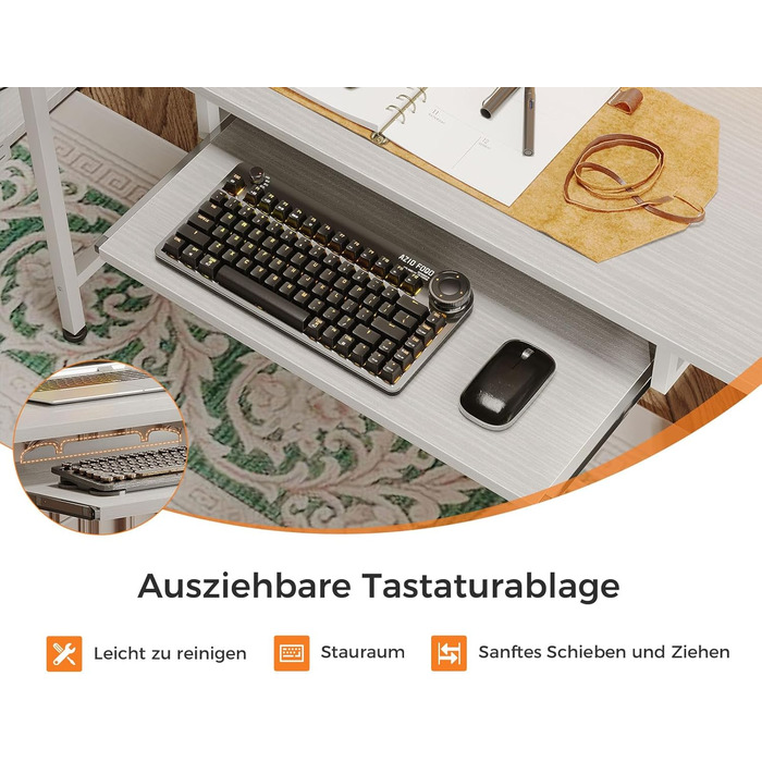 Ігровий стіл Coleshome з LED підсвічуванням, білий, 140x48 см. Стіл для комп'ютера з тканиними ящиками, 2 розетками та 2 USB-портами, з підставкою для монітора. Підходить для дому та офісу.