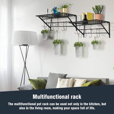 Ejoyous Kitchen Shelf Pan Shelf Kitchen Storage, Kitchen Wall Shelf Kitchen Wall Shelf Kitchen Holder Pan Holder with 10 S-shaped Hooks for Hallways Kitchen Bathrooms 60 x 25 x 25 cm