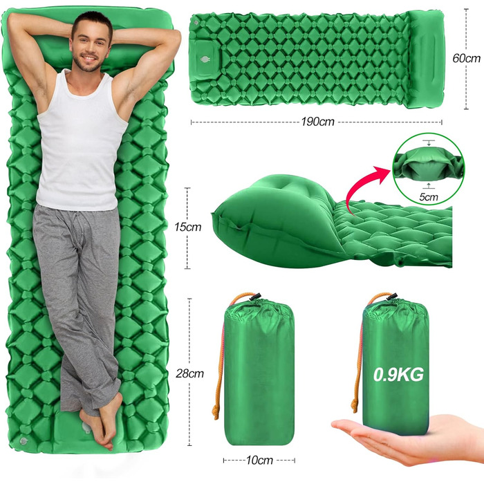 Isomatte HVIERO Саморозкладається, надувна, з насосом, для кемпінгу, туризму, рюкзака, зелена