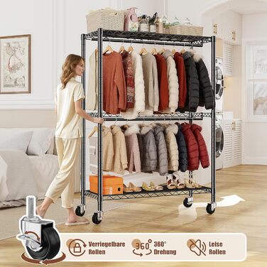 Вішалка для одягу на коліщатках 90x40x200 см, вантажопідйомність 150 кг, 2 висувні штанги, регульована полиця, великий об'єм для зберігання одягу, стабільна та мобільна