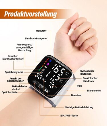 Цифровий тонометр WADEO на зап'ясті, оголошення 5 мовами, виявлення аритмії, портативний тонометр для дому та в дорогу, 2 x 99 пам'ять, з батарейками та коробкою для зберігання, білий