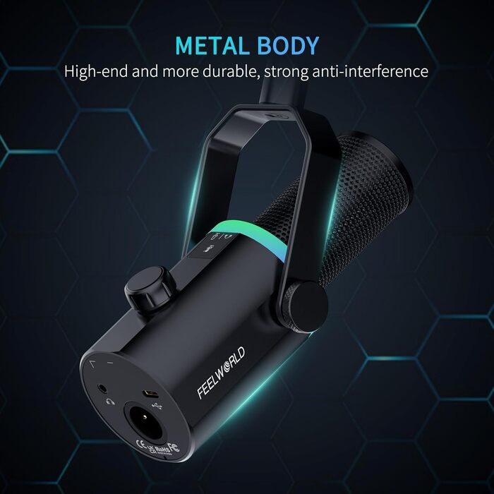 FEELWORLD PM1 Динамічний мікрофон XLR/USB з RGB-підсвічуванням для запису подкастів, геймінгу та YouTube. Комплект з підсвічуванням, навушником, підставкою та XLR-кабелем