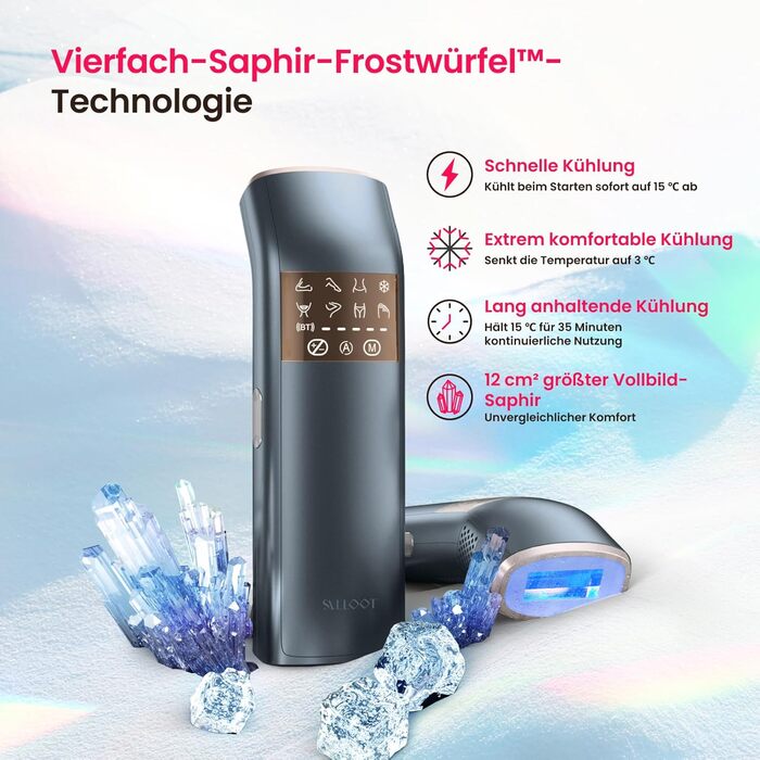 Прилад для епіляції IPL з потрійним імпульсом, 12 см², охолодження сапфіровим льодом, для жінок та чоловіків, 3°C, безболісна та довготривала епіляція вдома, для обличчя, зони бікіні та паху, блакитний