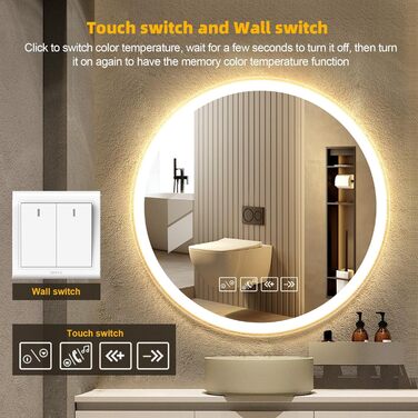 Круглий дзеркало для ванної кімнати з LED-підсвічуванням, 60 см, з функцією проти запотівання, сенсорним перемикачем та Bluetooth, регульована яскравість, 3000K/4000K/6500K, HD-загартоване скло, 600*600 мм