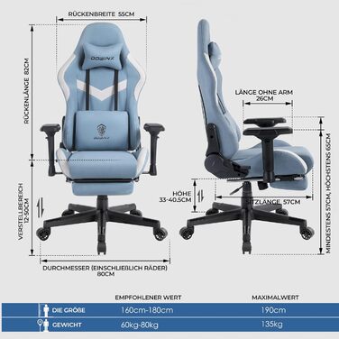 Ігровий крісло Dowinx з підніжкою, масажером та підголівником (Himmelblau)
