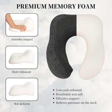 Подушка для шиї з Memory Foam, підтримка голови, набір для подорожей: маска для сну, навушники, чохол, м'яка подушка для сну в авто, літаку, офісі та вдома (Сірий)