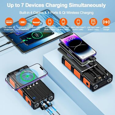 Портативний зарядний пристрій Powerbank 26800 mAh з сонячною панеллю та ручкою, 4 кабелі, USB-C, швидка зарядка, 7 виходів, 4 входи, для мобільного телефону, водонепроникний, зовнішній акумулятор для кемпінгу, оранжевий