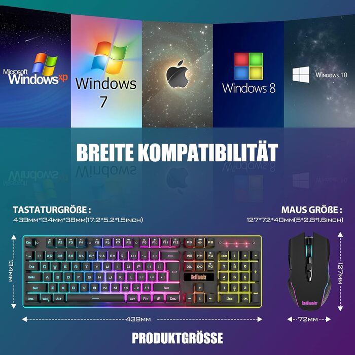 RedThunder K10 Бездротовий комплект клавіатури та миші для геймерів, QWERTZ DE, 3000mAh, 3200 DPI (Чорний)