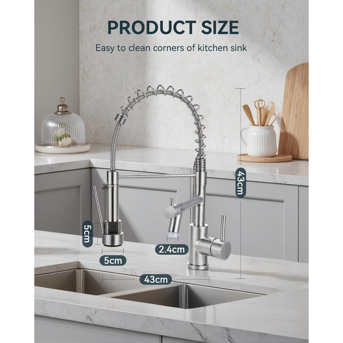 Сучасна кухонна змішувач Warmiehomy з LED-підсвічуванням, поворотний на 360°, з двома виливами, високий вигин, спіральна пружина, для мийки, з нержавіючої сталі, брашований нікель