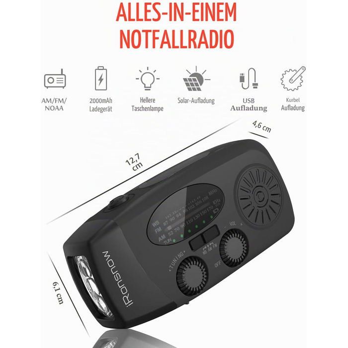 Сонячна радіостанція iRonsnow з ручним заводом, ліхтариком LED, 2000mAh AM/FM, USB зарядка, Powerbank, для походу, кемпінгу (Чорний)