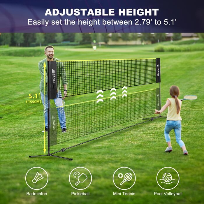 BAGAIL Portable Badminton Net Set - Adjustable Height, 4.2M, Yellow/Black - for Badminton, Tennis, Volleyball