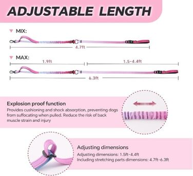 Міцна повідець для собак COSYHOMELONDON, без натягу, з амортизатором, для прогулянок та тренувань, з кріпленням для авторемня, 1,2 - 1,8 м, фіолетовий