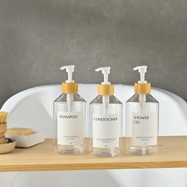 Настінний диспенсер для мила 3 шт, 500 мл, набір для душу та шампуню, чорний без свердління для кухні та ванної кімнати (прозора пляшка + білий бамбуковий ковпачок)