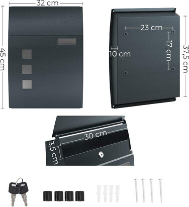 Поштовий ящик настінний SONGMICS з вікном, для імен та 2 ключів, сірий антрацит GMB030G02