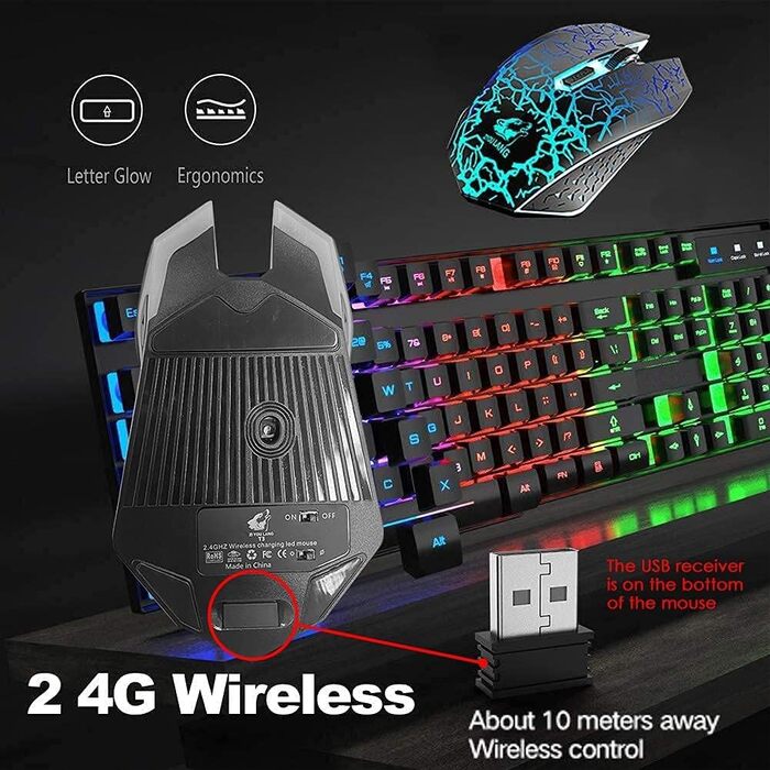 Бездротова клавіатура з підсвічуванням RGB, 2.4G, механічна, 104 клавіші, ігрова + миша 2400 DPI, 6 кнопок, оптична LED, килимок для миші (білий)