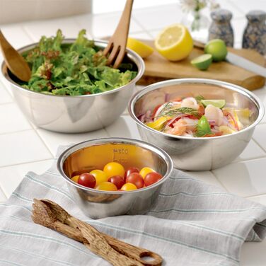 Набір з 5 штук містких металевих чаш GBACHOOSE: 0.58L, 0.9L, 1.6L, 2.05L, 2.6L. Ідеально підходять для приготування, змішування, подачі та зберігання. Зручні, стійкі, легко миються.