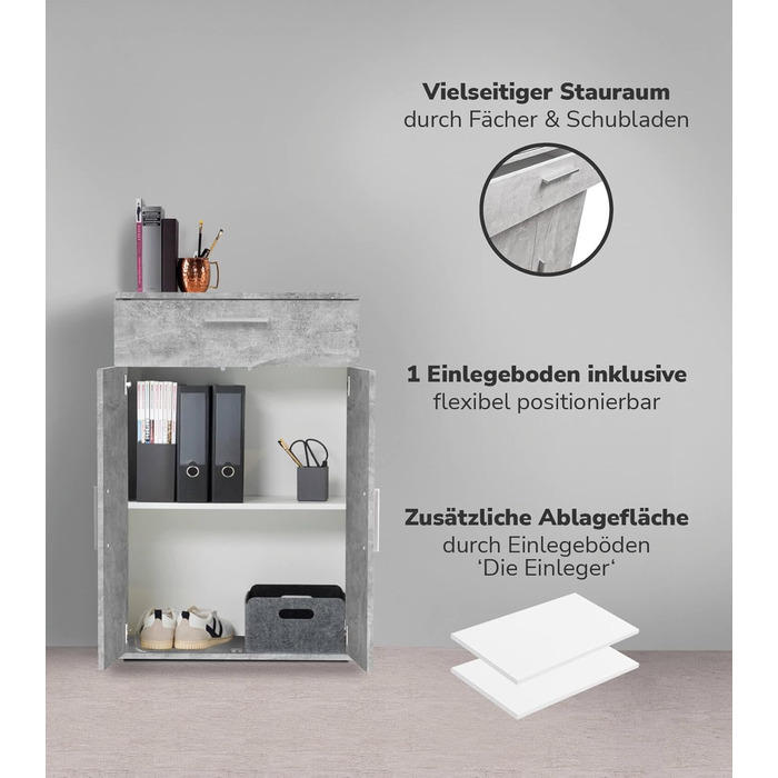 Multipurpose cabinet 60cm wide with drawers 'The Practical', small office cabinet or filing cabinet, also suitable as a shoe cabinet or storage cabinet in 60x90x34 cm (W/H/D) in White (Height 90CM, Concrete Look -92)