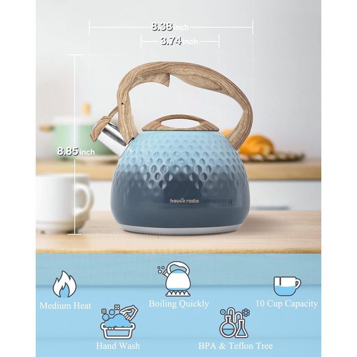 Чайник для заварювання чаю Teekessel 2,7 л з емальованим покриттям, зелений колір з імітацією дерева, з носиком-свистком, з нержавіючої сталі, антипригарне покриття, зручна ручка оливкового кольору з переходом у блакитний