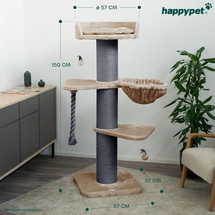 HAPPYPET Преміум Дряпак для котів 'Купер' – 150 см, великий, з натурального сизалю, для Мейн-куна, товщина стовпів 20 см (капучино)