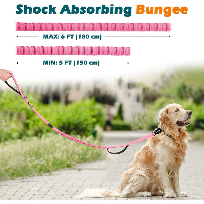Тактична повідок для собак PetBonus Heavy Duty, 1,5м, еластична, з 2 м'якими ручками, страхувальний ремінь для авто, навчальна повідок No Pull для великих та середніх собак (Армійний зелений, Рожевий)