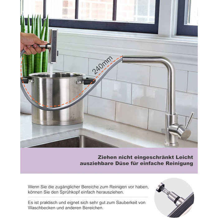 Кухонний змішувач iVIGA висувний з дозатором, водоспад, 360° поворот, 3 режими, щіткова нікель, T-подібний