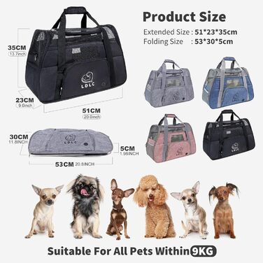 Транспортна переноска для собак та котів PETCUTE, чорна, 51 x 23 x 35 см, з м'яким матрацом, для подорожей, дозволена авіакомпаніями