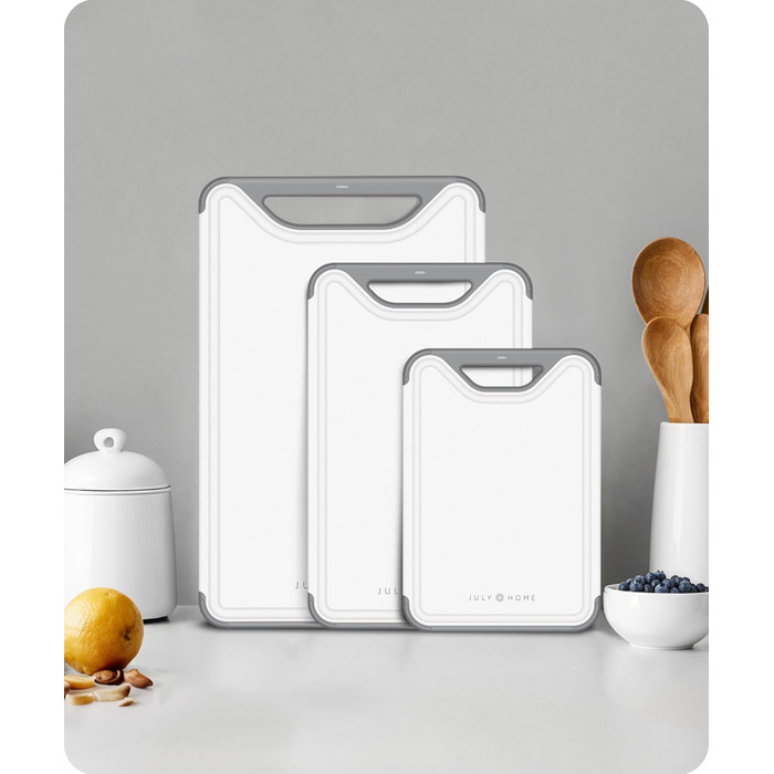 Набір з 3 сірих дощок для нарізання з пластику, стійкі до миття в посудомийній машині, з жолобками для соку, для м'яса, овочів, фруктів, з зручною ручкою