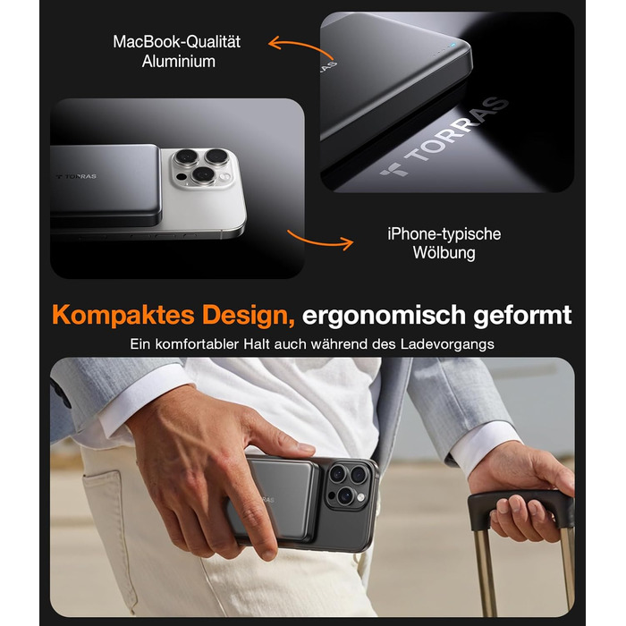 Портативний зарядний пристрій TORRAS MiniMag Qi2 з MagSafe, 10000mAh, сертифікований Qi2, магнітний, з кабелем USB-C 30W, бездротовий зарядний пристрій 15W для iPhone 17 Pro Max/Air/12-16, AirPods, сірий, титан