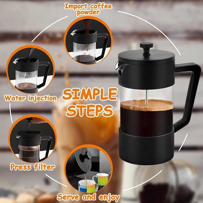 Френч-прес для кави та чаю, 1000 мл, скло, нержавіюча сталь, з термостійким склом, з антиковзним м'яким ручками, для дому, подорожей, кемпінгу (чорний)