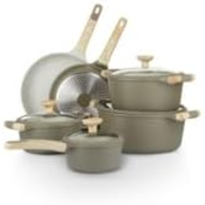 Набір посуду KASANOVA Bambù з антипригарним покриттям, 10 предметів, індукція, скляні кришки (Зелений та Кремовий)