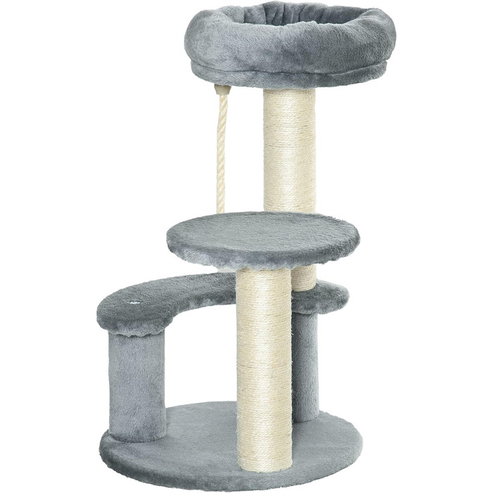 PawHut Cat Tree Climbing Tree with Hammock, 3-Tier Play Tree with Cat Bed Cat Scratching Post with Sitting Platform, Sisal Columns, Grey Ø40 x H65 cm