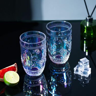 Joeyan 370ml Rainbow Water Glasses, Set of 4 Gradient Tumbler Glasses, Colorful Embossed Flower Pattern, Shimmering Iridescent Drinking Glasses, Romantic for Everyday Family Meals, Party, Office, Drinks, Cocktails, Juice