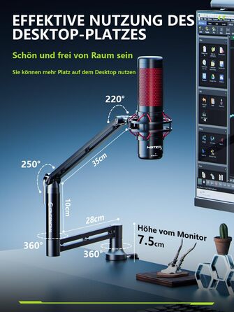 Тримач для мікрофона Boom Arm, 360° обертання, з кріпленням для столу, 15 дюймів, низькопрофільний, з адаптером 3/8''-5/8'', для стрімінгу, геймінгу, подкастингу (M05)