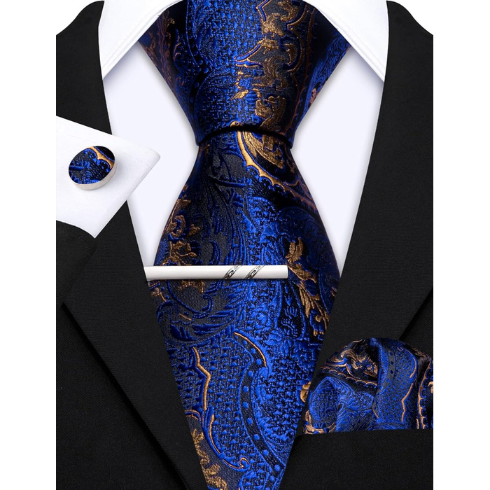 Шовкова краватка з візерунком пейслі Barry.Wang, комплект з 3 предметів: краватка, кишеньковий хустинка, затискач для краватки. Синій, для урочистих подій та весілля