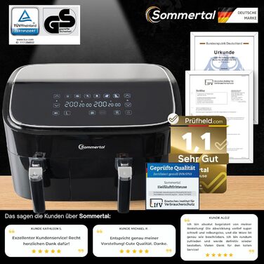 Фритюрниця повітряна Sommertal HF760-7,6L XXL з сенсорним екраном, 8 програм, 2000 Вт - енергоефективна та здорова, велика фритюрниця Air Fryer (9.0L Dual)