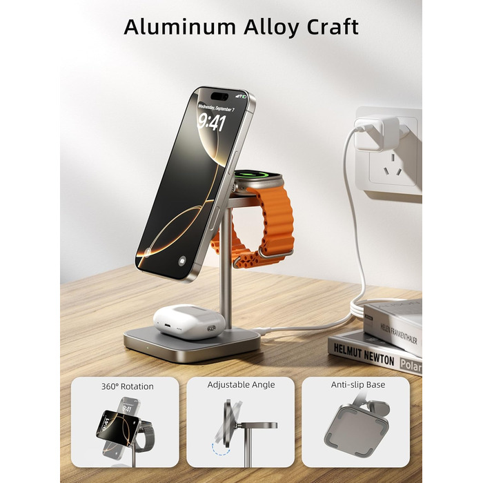 LULULOOK Qi2 Magsafe Зарядна станція 3 в 1 з алюмінію для Apple Watch та iPhone: 15W швидка зарядка для iPhone 17 Pro Max/Pro/Air/17, 5W для Apple Watch Ultra, AirPods. Титан.