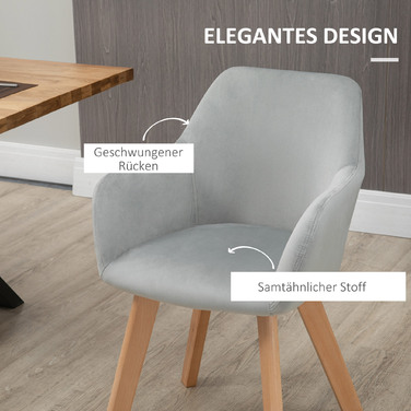 HOMCOM Dining Chairs 2-Piece Set Kitchen Chairs with Arm & Backrest, Velvet-Look Upholstery, Wooden Legs, Grey | Aosom