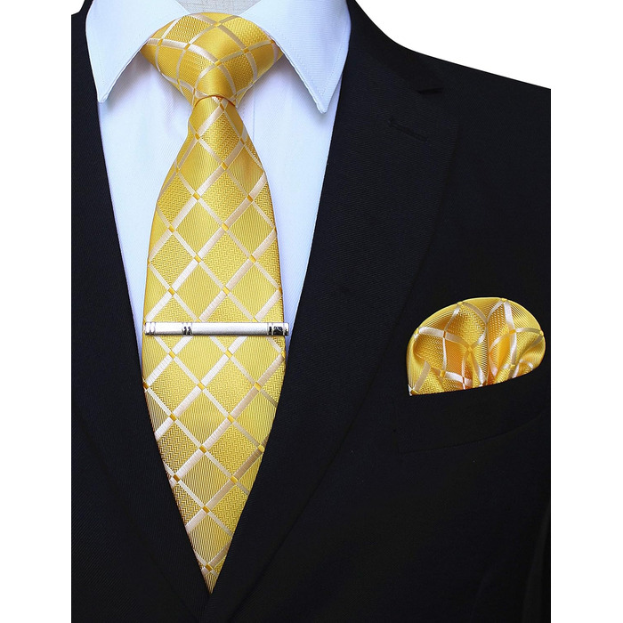 Чоловіча краватка в клітку JEMYGINS для весілля, жовта, з хустинкою та затискачем для краватки