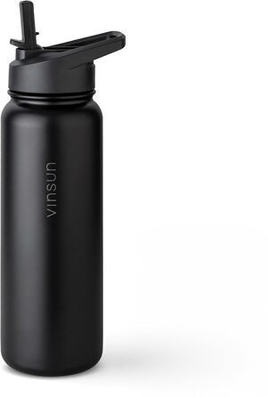 Stainless Steel Water Bottle 1L - Straw, Drinking Opening - Leakproof, Carbonated Drink Compatible, BPA Free - Thermos Flask for Sports, Outdoors, School, University, Cycling, Hiking, Gym (750 ml, Black)