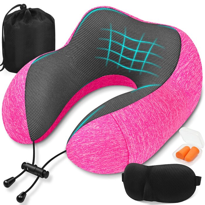 Подушка для подорожей під шию з ефектом пам'яті (Memory Foam) для літака, авто та офісу, з 3D-маскою для сну та берушами, рожева